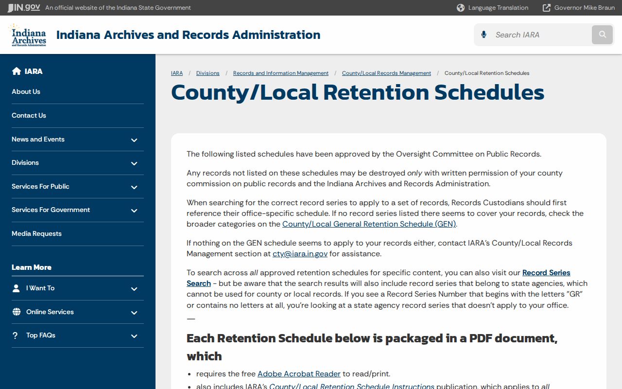 Indiana county and local records retention schedules page